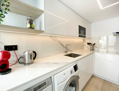 Sunlit kitchen with modern appliances